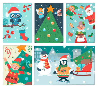 Set of Christmas and new year cards with Christmas characters