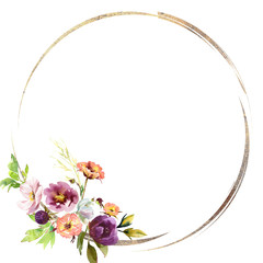 Wedding frame wreath bridal romanric rustic warm bouquet. Hand drawing watercolor pink and purple and orange flowers ornament