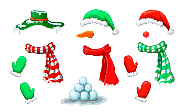 vector snowman face mask collection with accessory isolated on white. xmas holiday funny costume of snowman with various hats, scarves, mittens. Christmas photo booth and props for creative design.