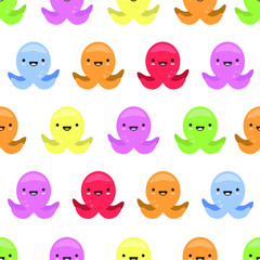 Vector seamless pattern with cute colorful octopuses. Perfect for baby clothes, wallpaper, fabric, textile, web design. Isolated on white.