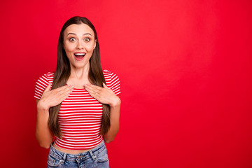 Copyspace photo of charming cute attractive gorgeous woman wearing jeans denim shocked with winning while isolated with red background