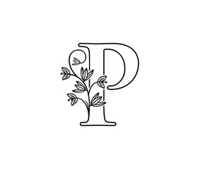 Nature letter P leaf icon logo design, floral logo P icon design. hand drawn floral with letter.