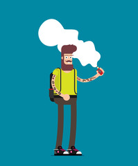 Smiling standing bearded hipster man holding vape or vaporizer and vaping with steam cloud around