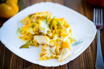 fried omelet from homemade eggs with sweet yellow pepper in a plate