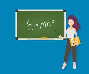 School teacher shows on blackboard. Flat design. Vector illustration.