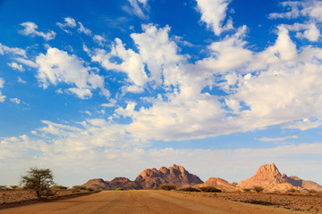 Fototapeta na wymiar Gravel road leading to Spitzkoppe and the Erongo mountains, Namibia, Africa