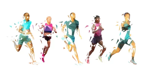 Poster Run, group of running people, low poly vector illustration. Geometric runners © michalsanca