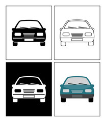 Car symbol presented as pictogram, black and white, line icons and flat icons. Set of transportation icons.