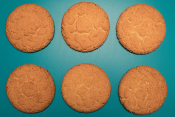Cookies studio image. Homemade tasty cookies on a blue background. Background of cookies.