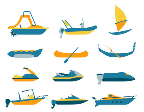 Set of different types of boat and watercraft. Flat vector illustration and graphic design elements for print and web.