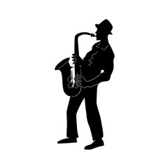 Saxophonist. Jazz or blues musician, the man plays a saxophone.  Black and white isolated silhouette with contour. Vector illustration.