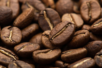 Coffee beans close-up background. Fresh roasted