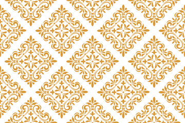 Wallpaper in the style of Baroque. Seamless vector background. White and gold floral ornament. Graphic pattern for fabric, wallpaper, packaging. Ornate Damask flower ornament