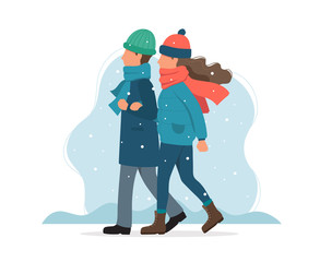 Couple walking in winter. Cute vector illustration in flat style
