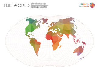 Polygonal map of the world. Ginzburg IV projection of the world. Colorful colored polygons. Elegant vector illustration.
