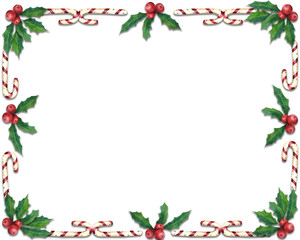 Vintage Christmas peppermint candies and holly berries frame. hand drawn watercolor elements isolated on white background.