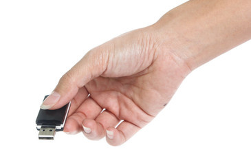 Flash drive in hand isolated on white background