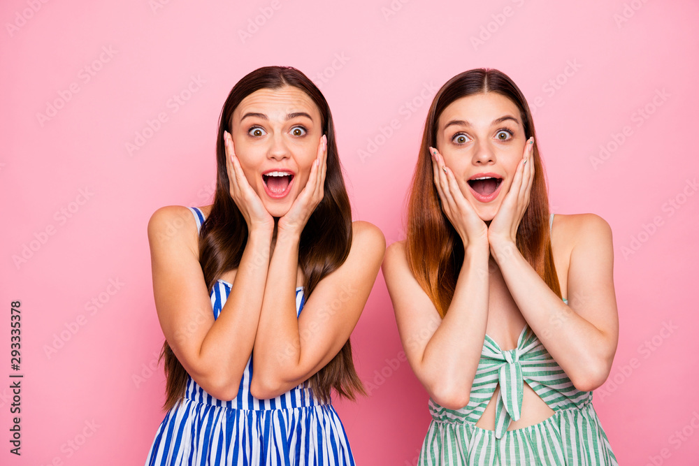 Poster Portrait of impressed girls touching their face with hands shouting wearing striped dress skirt isolated over pink background