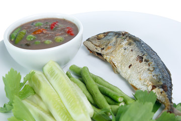 Shrimp paste,mackerel fry,boiled vegetables on a white background