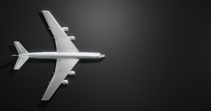Silver passenger aircraft. Airplane from silver metal with copy space. 3d illustration.