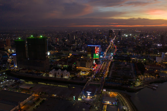 Phnompenh capital of Cambodia on the sunset with beautiful landscape by drone with Koh Pich island © Nhut