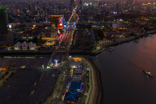 Phnompenh capital of Cambodia on the sunset with beautiful landscape by drone with Koh Pich island 
