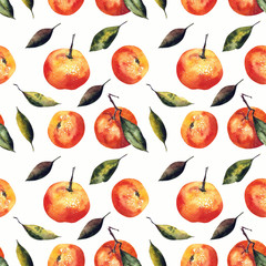 Watercolor seamless pattern with mandarins and leaves