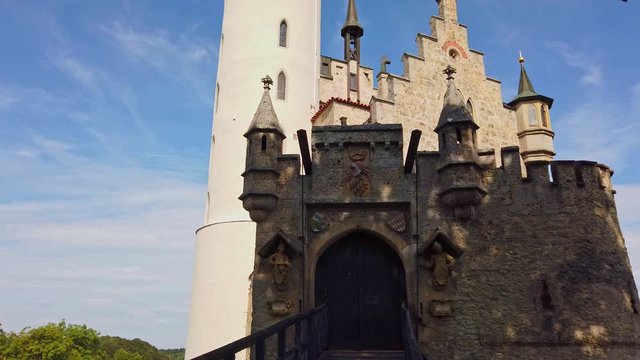 Tilt up shot of the Lichtenstein Castle in Germany. 