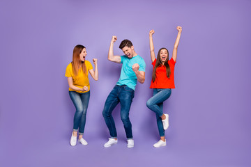 Full body size length photo of company of three inspired person having fun and free time...