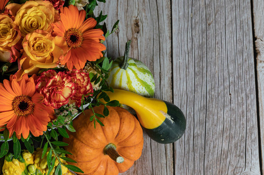 Wooden. Table. Flowers. Colours. Fall. Pumpkins. Deco