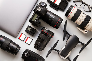 Flat Lay Shot Of Techno Items For Traveller With Smartwatch Mobile Phone And Wireless Headphones