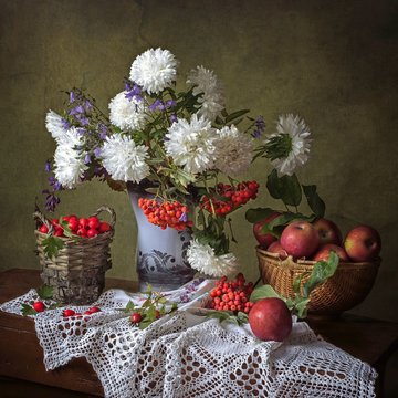Autumn still life with bouquet of asters flowers