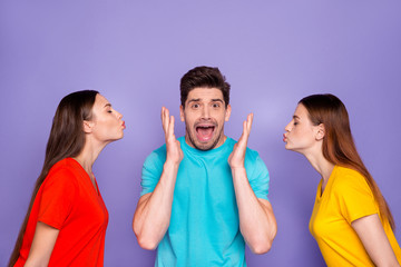 Side profile photo of handsome shouting in blue outfit macho is tired of flirt and many lovers...