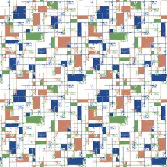 Seamless pattern of blue, green and dark beige scuffs on a white background. Intersecting perpendicular lines.