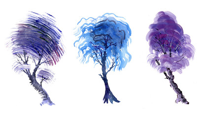 Set of three decorative trees on a white isolated background. Trees with bright strokes of paint painted in watercolor. Lilac, violet and turquoise tree. Winter nature. Plants in cold colors.