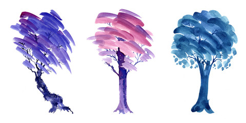 Trees with bright wide strokes of paint painted in watercolor. Set of three decorative trees on a white isolated background. Lilac, pink and turquoise tree. Winter nature. Plants in cold colors.