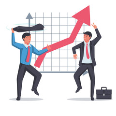 Successful team rejoices on background of a growing graphic. Modern business people.Vector illustration flat design.Isolated on white background. Achieving the goal, increasing investment.