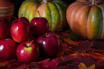 The autumn harvest of red juicy apples rests on the colorful autumn leaves next to the orange pumpkin