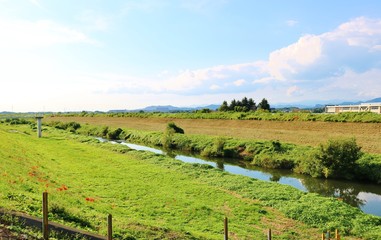 いなか　秋　風景　川　空　杤木