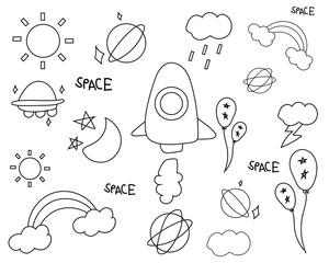 Vector doodle space seamless pattern : There are rainbow, planet, cloud, ship, star, moon, sun for your design 