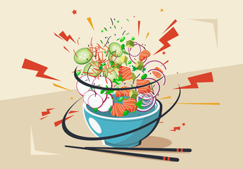 Vector illustration of a plate with a national Hawaiian Poke dish, with slices of tuna, radishes, greens, onions, cucumber and carrots