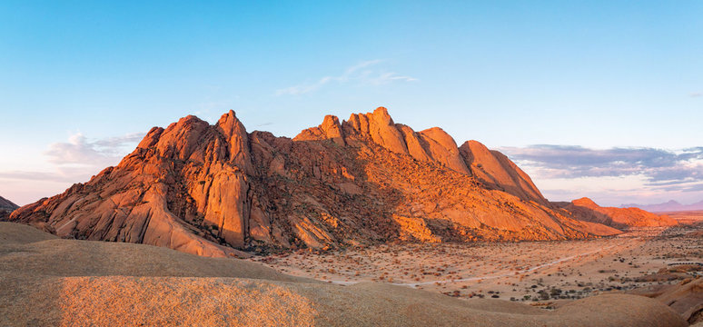 Panorama of the summit Pontok in the red evening light, Erongo, Namibia, Africa