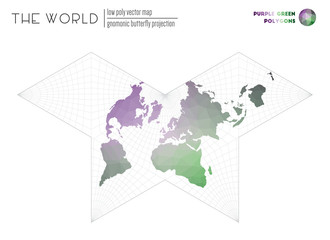 Polygonal map of the world. Gnomonic butterfly projection of the world. Purple Green colored polygons. Awesome vector illustration.