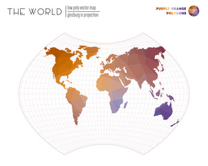 Polygonal map of the world. Ginzburg IX projection of the world. Purple Orange colored polygons. Trending vector illustration.