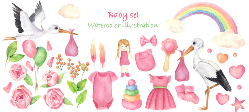 A set of Newborn girl elements, isolated object on the white background. Watercolor hand drawn illustration of .storks, flowers, rainbow, baby clothes and toys. Pink color, cartoon character