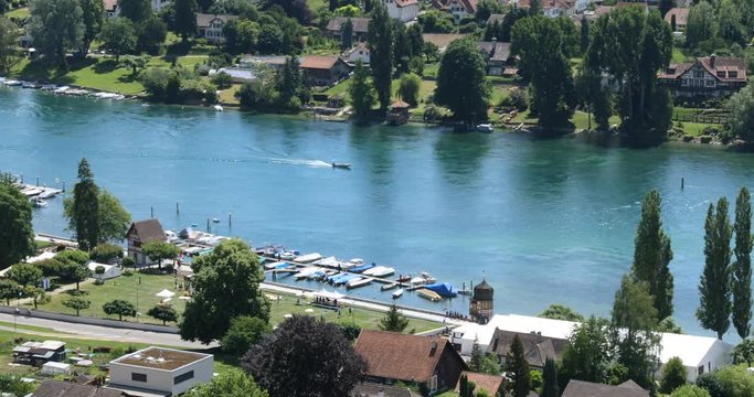 Aerial view of the upper Rhine valley on the Swiss &ndash; German border near the city of Stein am Rhein on a beautifully sunny late spring day.