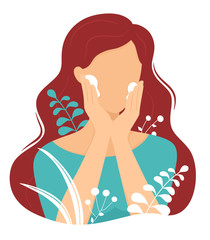 Female avatar. The girl cares for her face. Daily skin care. Vector illustration in cartoon flat style. Trend colors.