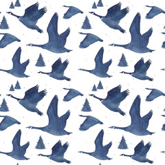Seamless pattern with watercolor realistic a flock of geese silhouette and national ornament in blue colors