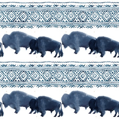 Seamless pattern with watercolor realistic bison silhouette and national ornament in blue colors on white background © AnnaNenasheva