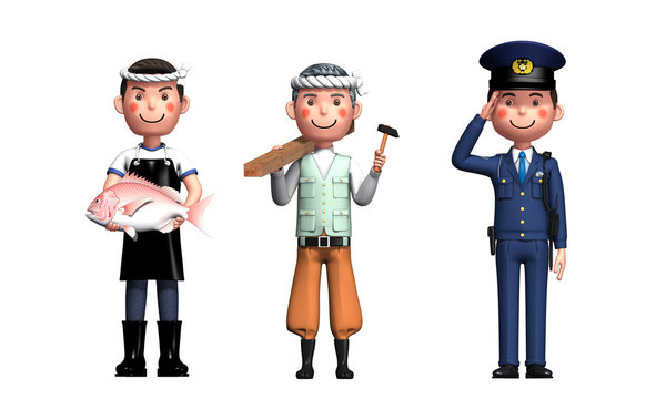 Illustration of fish shop, carpenter and police officer in 3d render